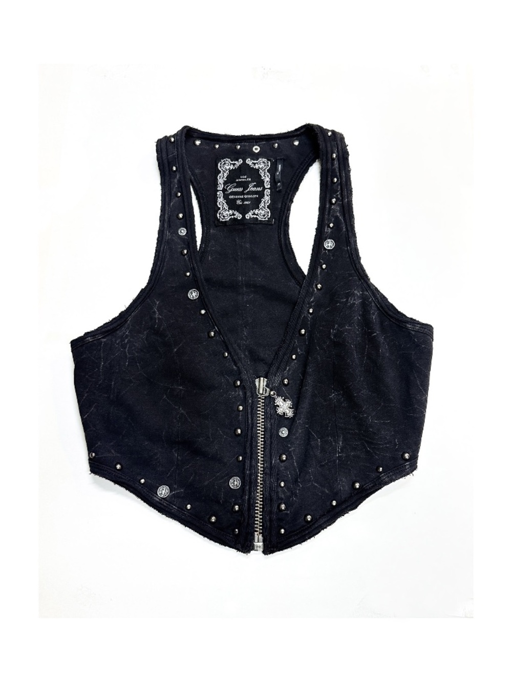 GUESS JEANS Y2K Studded Antique Wash Black Womens Size XS Zippered Vest Festival
